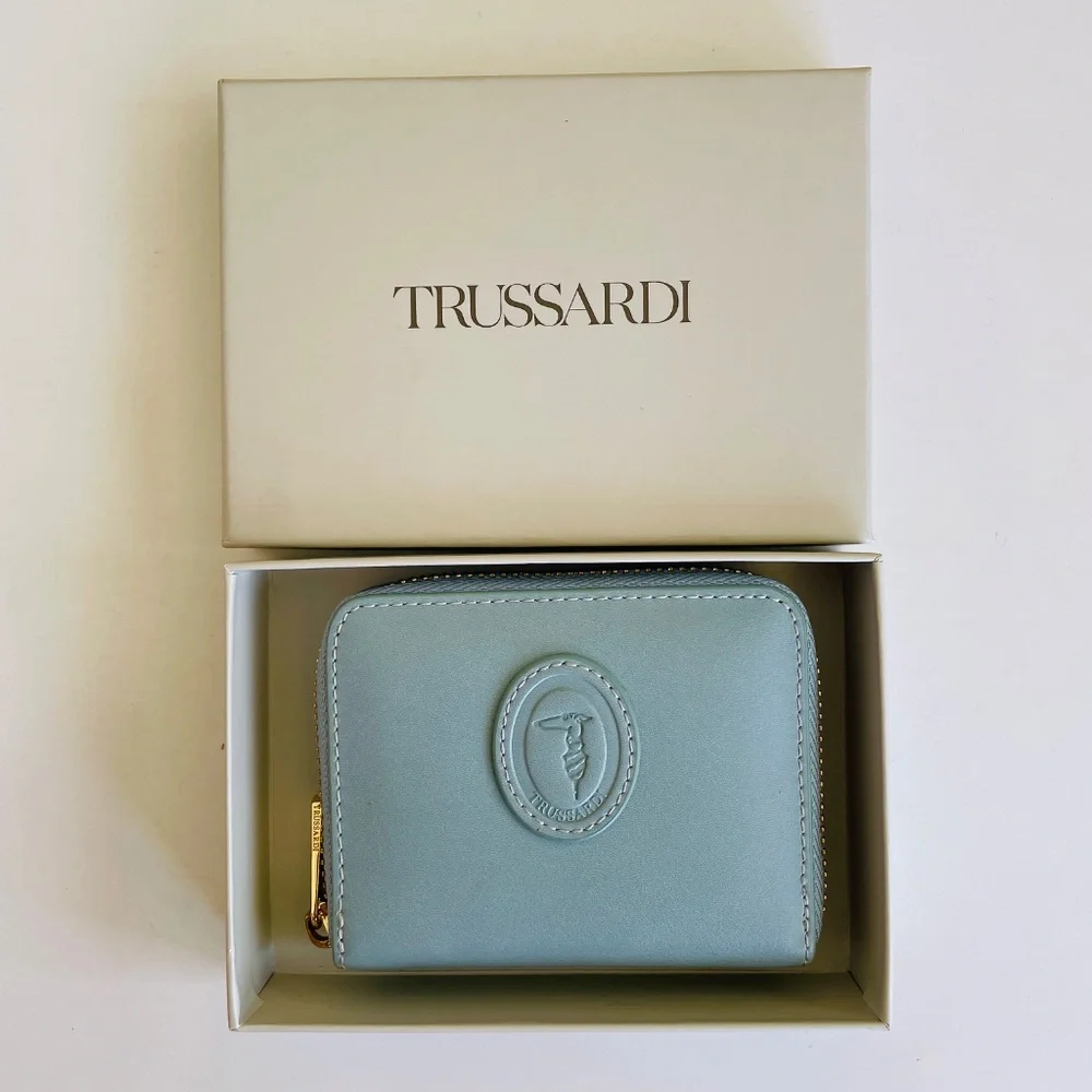 Trussardi Greyhound Logo Light Blue Leather Compact Zip Wallet with Box - Picture 3 of 15
